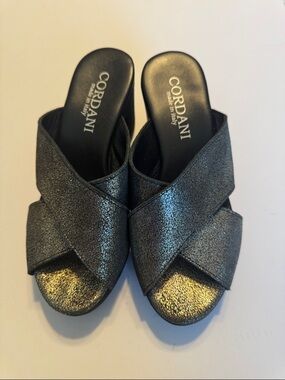 Cordani Metallic Charcoal Crisscross Slide Mules